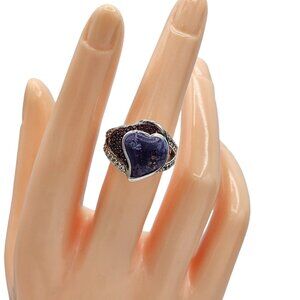 Sterling Silver Heart-Shaped Gemstone Ring With Purple Stone & Red Accents